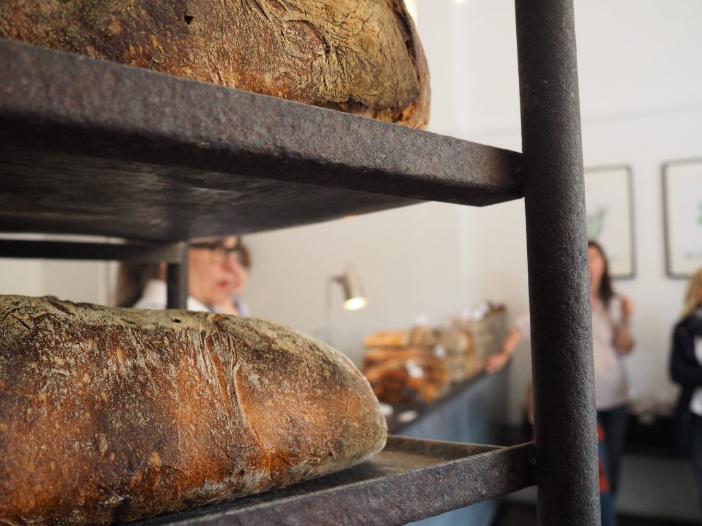 A rack of freshly baked bread