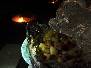 Foil packet by the campfire.