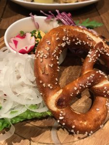 A closeup of a german pretzel.