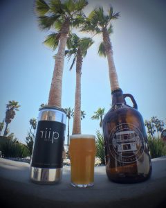 A crowler, pint, and growler in front of palm trees