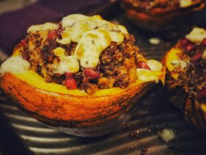 The squash on a baking sheet.