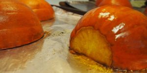 Roasted pumpkins on a baking sheet