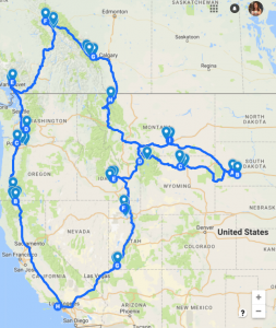 A screenshot of the Northwestern US/Canada showing a planned road trip route.