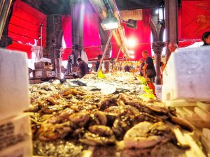 A spread of seafood at an Italian market.