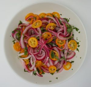 Birds eye view of kumquat salad.