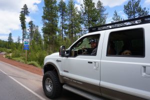 Tucker and Oakley in the truck before the start of a scenic drive.