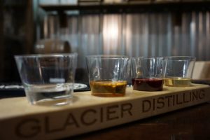 A tasting flight of four liquors at Glacier Distilling.