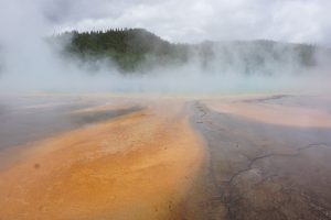 Steam rising from Grand Prismatic in Yellowstone.