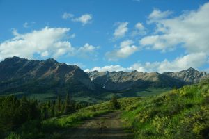 Mountains and fields in the Sawtooth National Forest.