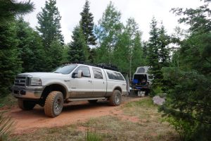 Truck parked among trees at a campsite.