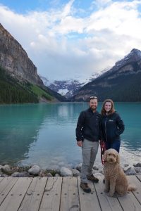 Tucker, Caitlin, and Oakley with Lake Louise in the background.