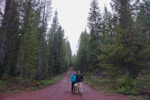 Posing with the dog during a walk in the forest.