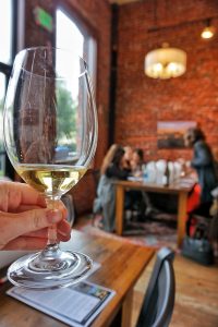 A glass of Riesling in the tasting room.