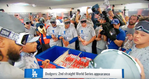 The Dodgers pre-celebration during Dave Roberts' speech. Photo credit: FS1.