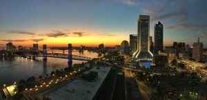 The skyline of Jacksonville at sunset.