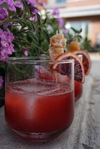 Deep red color of the Notorious BBG cocktail and its garnishes.