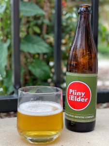 Bottle and glass of Pliny the Elder beer.