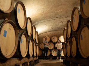 The barrel room at Alloro Vineyard in Oregon