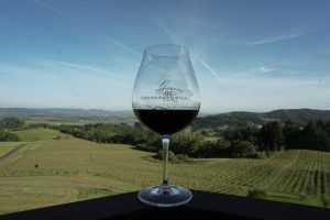 A glass of Cuvée with the stunning view of the Willamette Valley in the background.