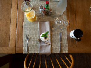 Birds eye view of breakfast assortment.