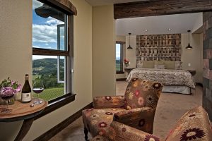 The sitting area in the Jura Suite at Youngberg Hill, complete with a wine barrel table. Did you notice the barrel stave headboard, too? 