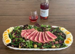 Large platter of grilled ahi nicoise salad with Bells Up Prelude Rosé