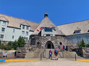 Hikers entering the Timberline Lodge