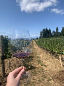 The 2017 Broken Boulder Pinot Noir, with the Stave and Stone vineyard and Mt. Adams in the background.